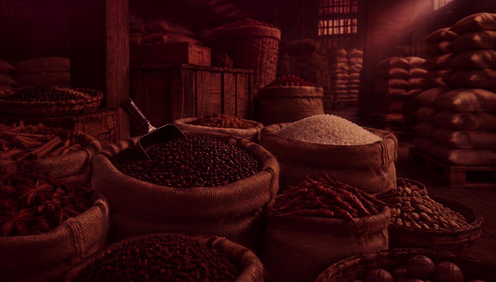 Sacks of spices and goods in a warehouse