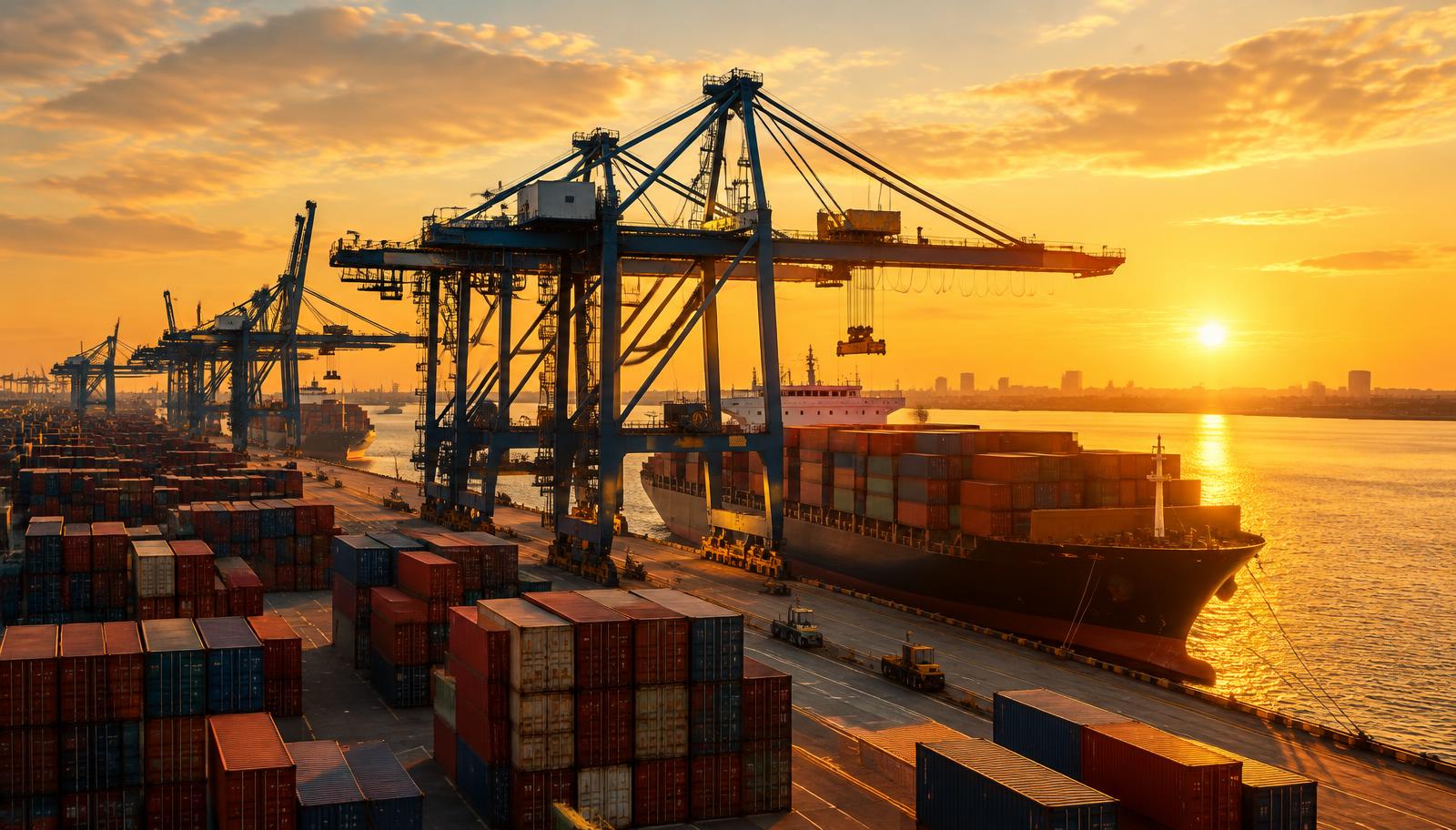 Container port at golden hour